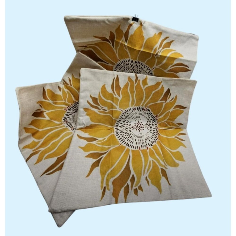 Sunflower Printed Canvas Pillow Covers   3 Beige & Yellow Bold Design 17" Square